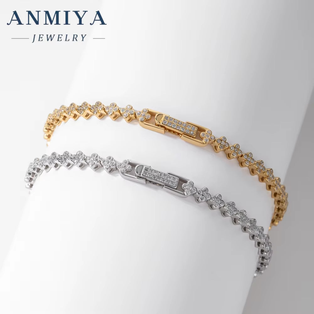 ANMIYA 925 Silver Fashion Charm Bracelet Inlaid Four Leaf Clover Zirconia Tennis Chain Clover Waterproof Bracelet for Women