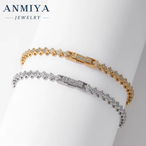 ANMIYA 925 Silver Fashion Charm Bracelet Inlaid Four Leaf Clover Zirconia Tennis Chain Clover Waterproof Bracelet for Women