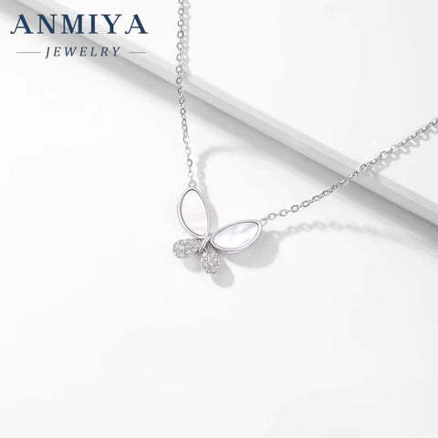 ANMIYA White Shell Butterfly Pattern Fine Jewelry Crafted 925 Sterling Silver Necklaces for Women
