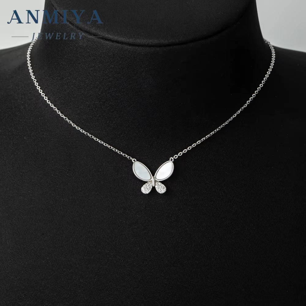 ANMIYA White Shell Butterfly Pattern Fine Jewelry Crafted 925 Sterling Silver Necklaces for Women