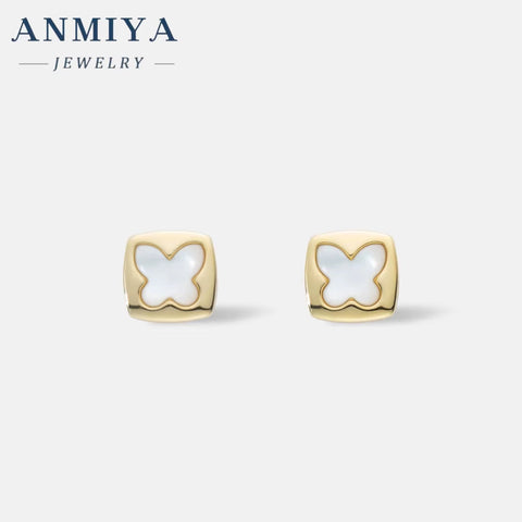 ANMIYA Square Butterfly Shape 18K Gold Plated Shell Jewelry Fashion Stud Earrings