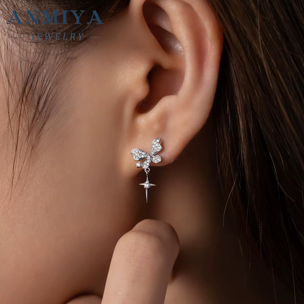 ANMIYA CZ Zircon Butterflies Earrings with Tassel 925 Silver Butterflies Pendant Earrings Gift for Daily Jewelry