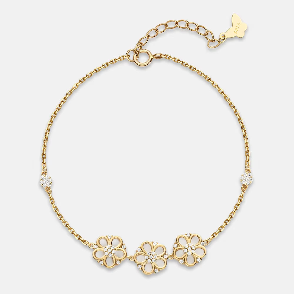 ANMIYA Delicate Flower Charm Bracelet 925 Sterling Silver Fashion CZ 18K Gold Bracelet for Women Party Fine Jewelry