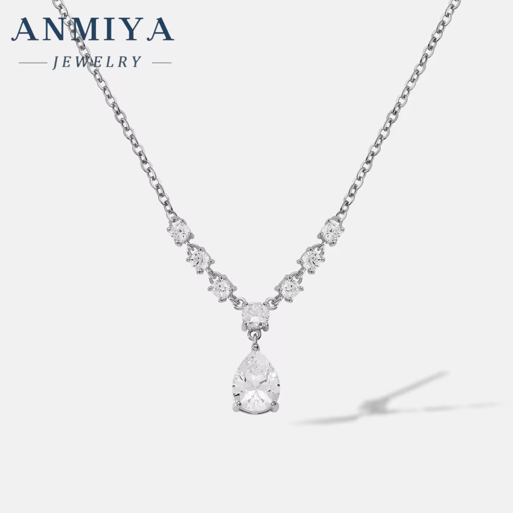 ANMIYA Custom 18K White Gold Zircon Necklace Latest Fancy Zircon Pear Cut Pendant Fancy Sterling Silver Jewelry