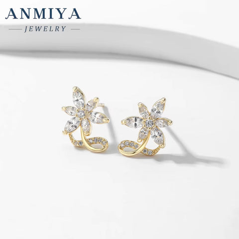 ANMIYA Fashion Jewelry Statement 18K Gold Plated Cubic Zirconia Flower Earrings for Children for Gifts