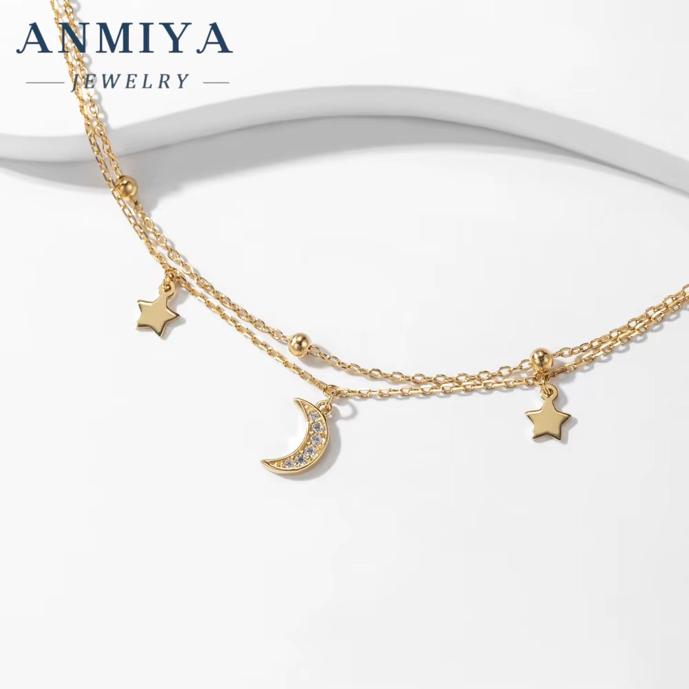 ANMIYA Double Chain Gold Plated Sterling 925 Silver Designer Bracelets Star and Moon Hand Chain for Women Femmes