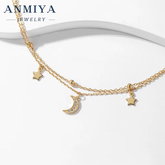 ANMIYA Double Chain Gold Plated Sterling 925 Silver Designer Bracelets Star and Moon Hand Chain for Women Femmes