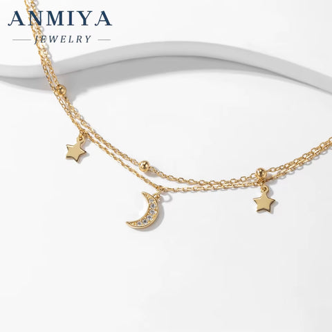 ANMIYA Double Chain Gold Plated Sterling 925 Silver Designer Bracelets Star and Moon Hand Chain for Women Femmes