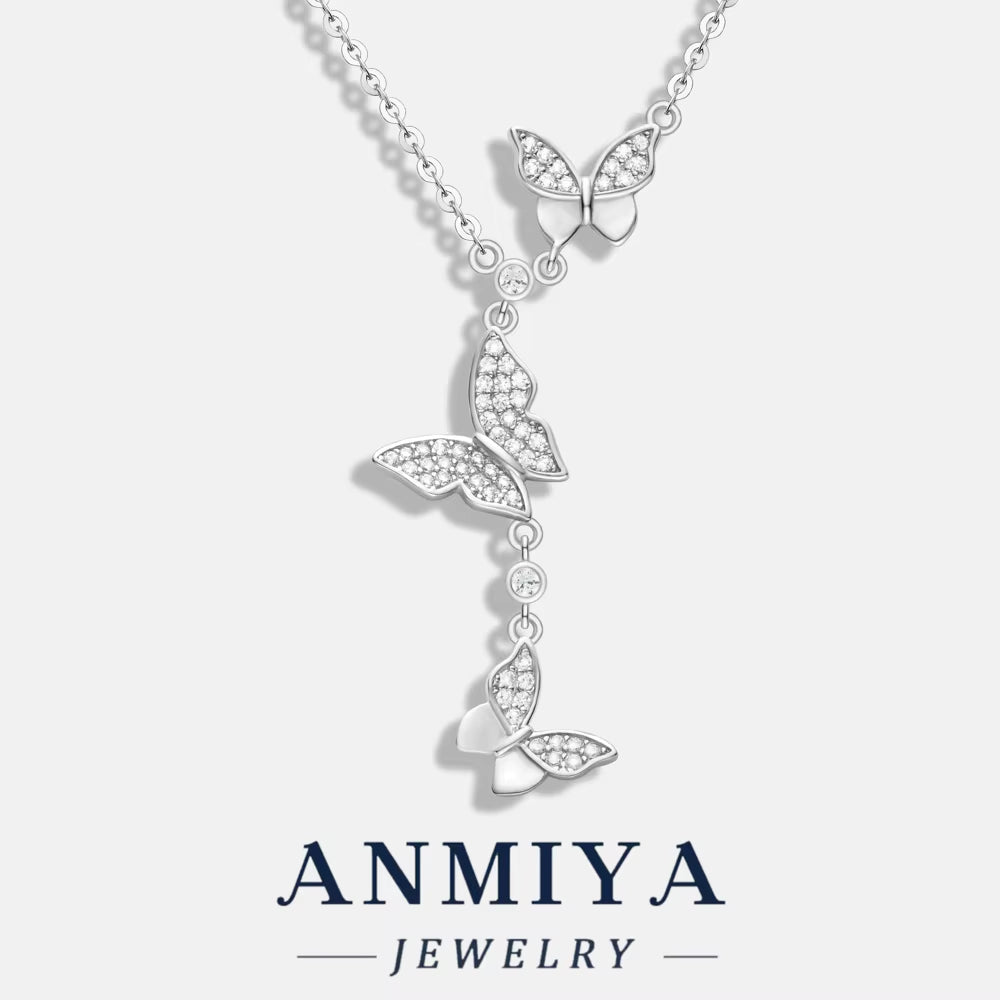 European American Fashion 925 Silver Bridal Necklace Water-Resistant Fine Chains Butterfly Tassel Zircon Pendant Niche Design