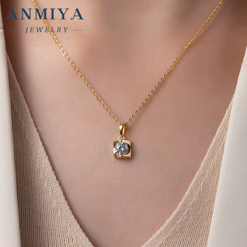ANMIYA 2024 Women'S High Quality 925 Silver Square Zircon Pendant Necklace and Crystal Earrings Set for Wedding