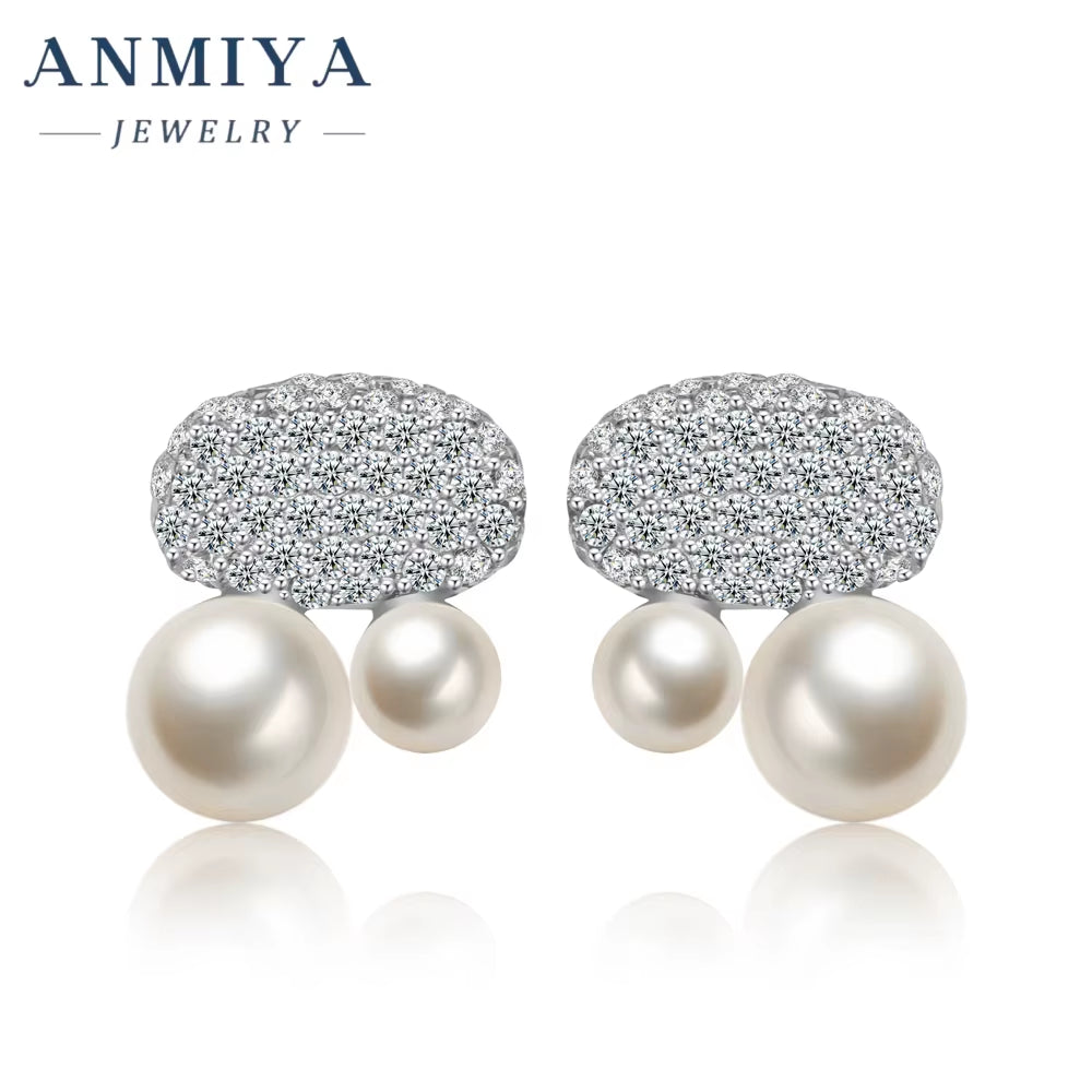 Fine Jewelry Earrings S925 Silver Big Diamond Rhinestone Double Pearl Cubic Zirconia Pearl Earrings