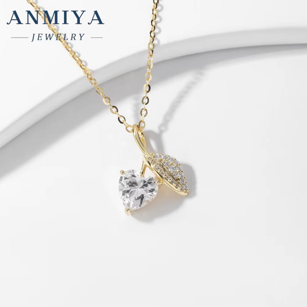 ANMIYA 18K Gold Leaf and Zircon Diamond Heart Shape 925 Silver Wholesale Unique Temperament Necklace for Women Fashion