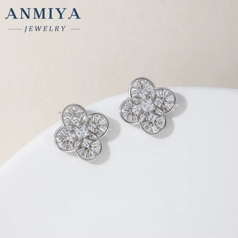 High End Rhodium Plated Zirconium Four Leaf Clover Set S925 Sterling Silver Necklace Earrings Set Jewelry