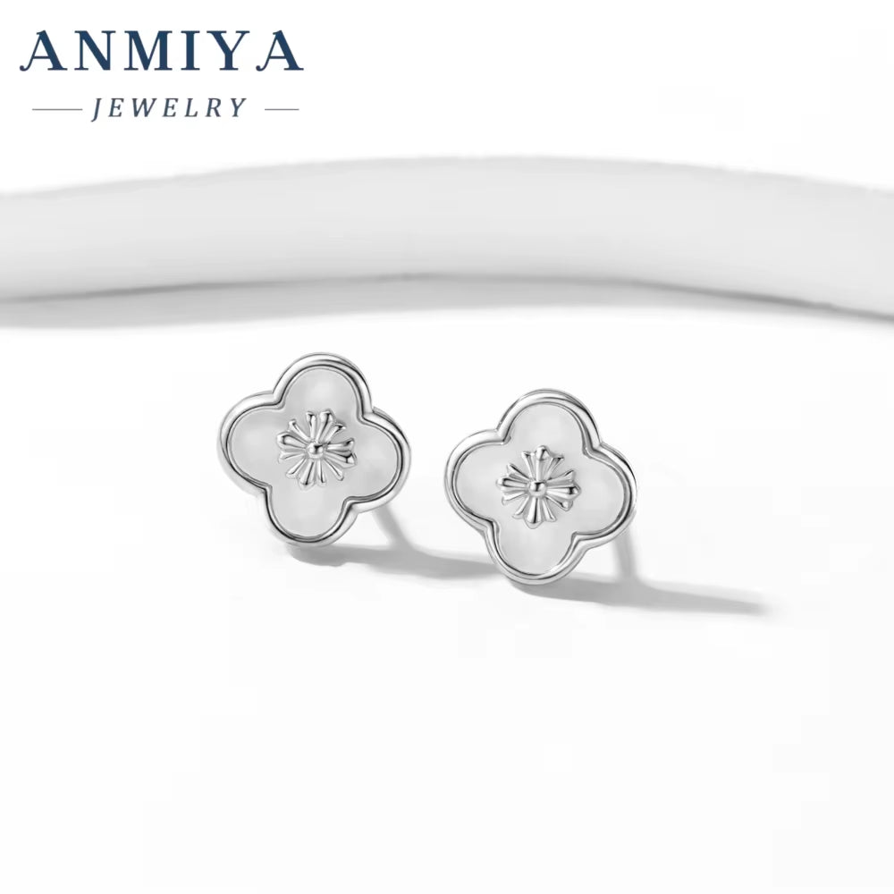 European INS Style Silver Plated Shinny Four Leaf Clover Shell Pearl 925 Silver Zirconia Stud Earrings