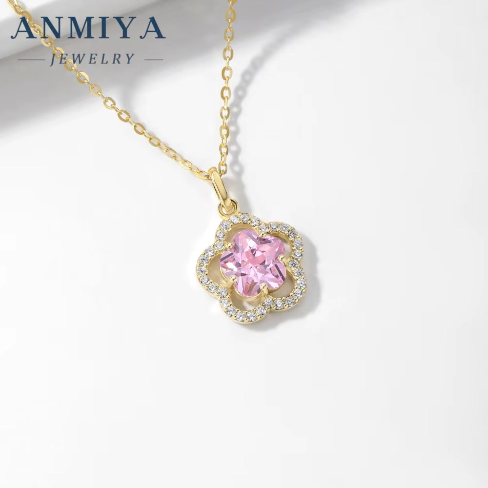 ANMIYA Inoxidable Luxury Pink Zirconia Four Leaf Clover Necklace Set Earrings for Women Wholesale Jewelry Fashion