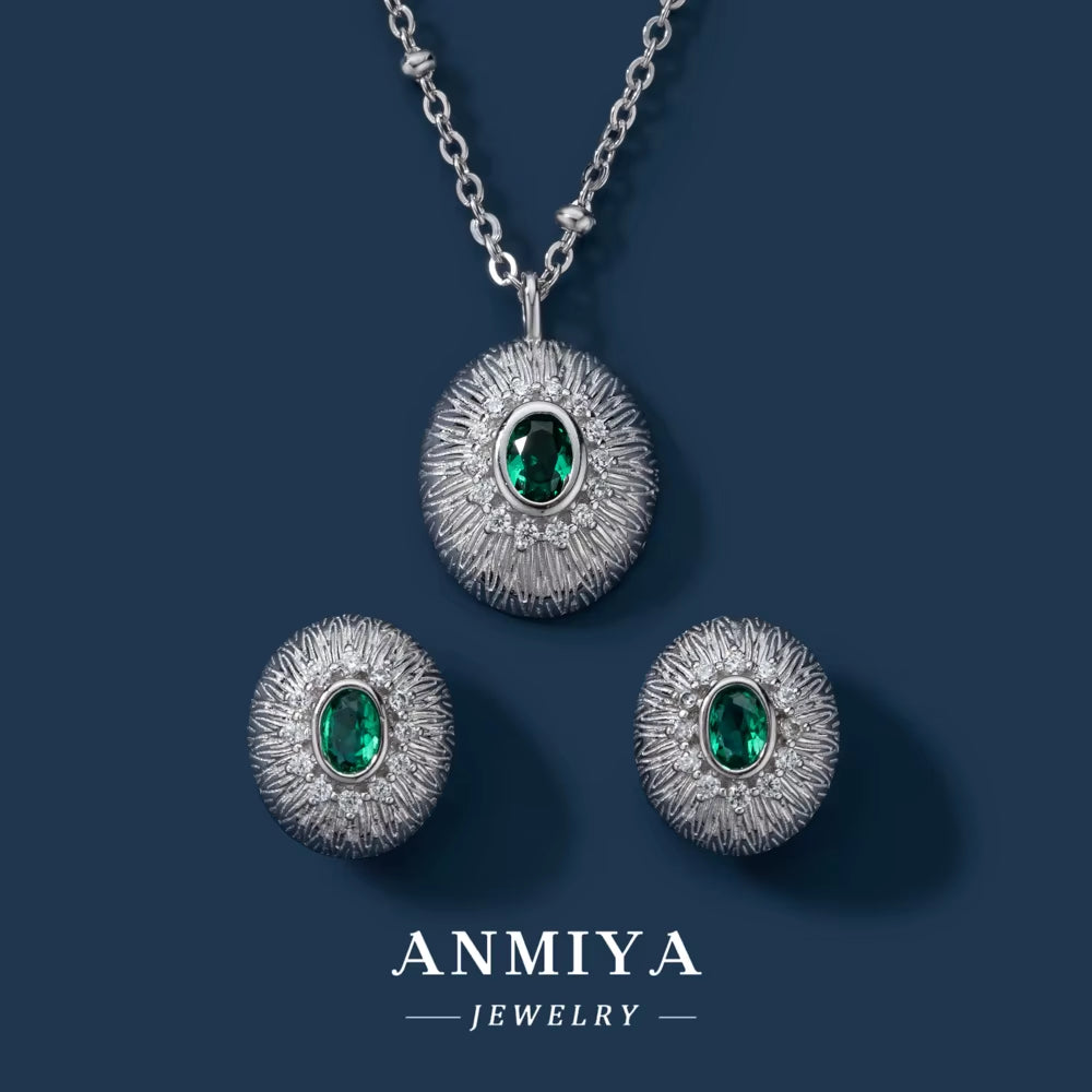 ANMIYA Waterproof 18K Gold Plated 925 Silver round Pendant Green Zircon Jewelry Set Necklace Earring Set
