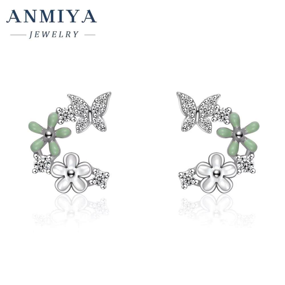 ANMIY Fine Designer Brand Fashion Butterfly Flower Shape Stud Earrings 925 Silver for Girl