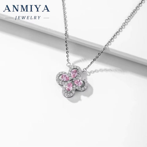 High Quality Fashion Jewelry Necklace 925 Sterling Silver Ice Flower Pear Cut Pink Four-Leaf Clover Diamond Pendant Necklace