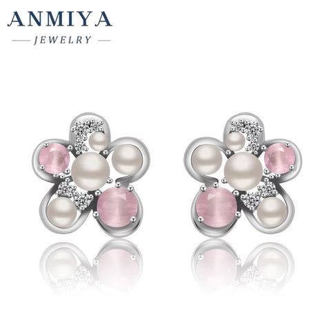 ANMIYA 925 Sterling Silver Zircon Pearl Flower Stud Earrings Cute Studs Rhodium Plated Fine Jewelry for Girl