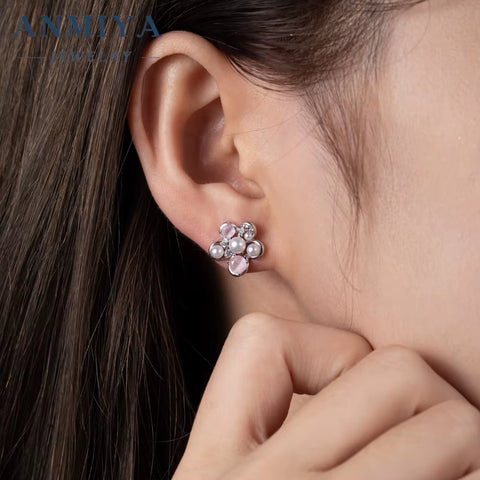 ANMIYA 925 Sterling Silver Zircon Pearl Flower Stud Earrings Cute Studs Rhodium Plated Fine Jewelry for Girl