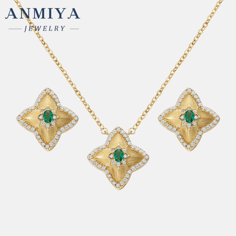 Hot Sell Women'S 925 Silver Flower Zircon Pendant 18K Gold Earring Necklace Jewelry Set