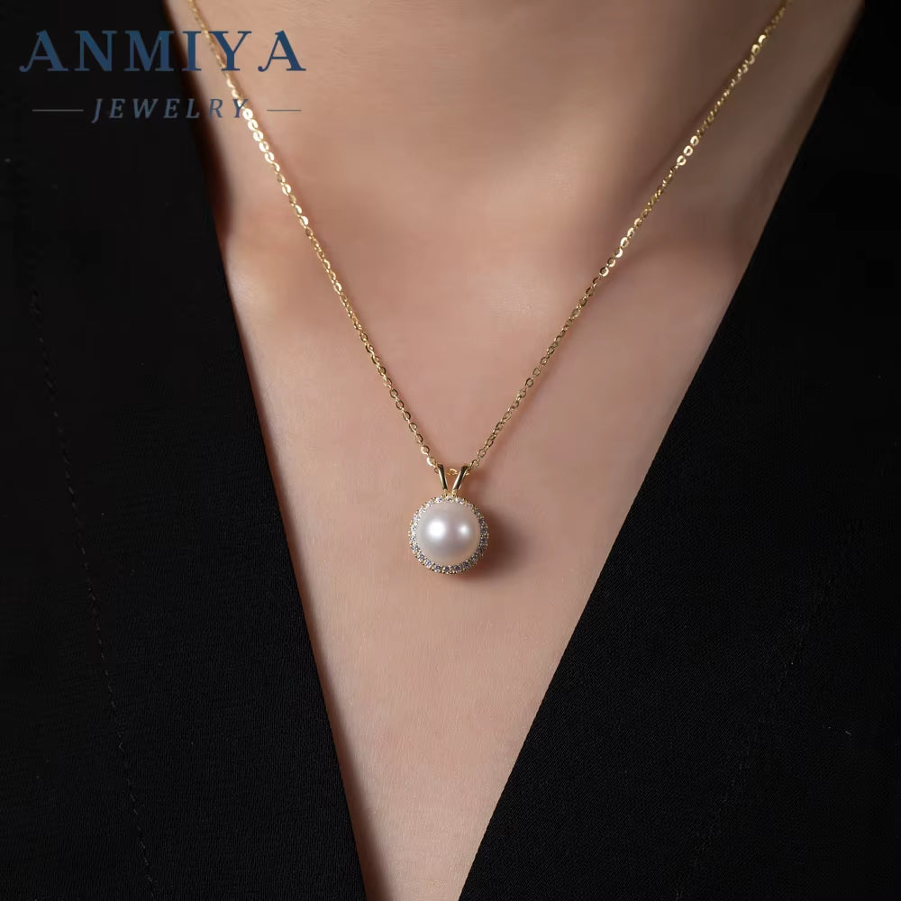 ANMIYA Elegant Fancy Classical 925 Sterling Silver Zircon Single round Pearl Pendant Necklace for Women Girls Jewelry