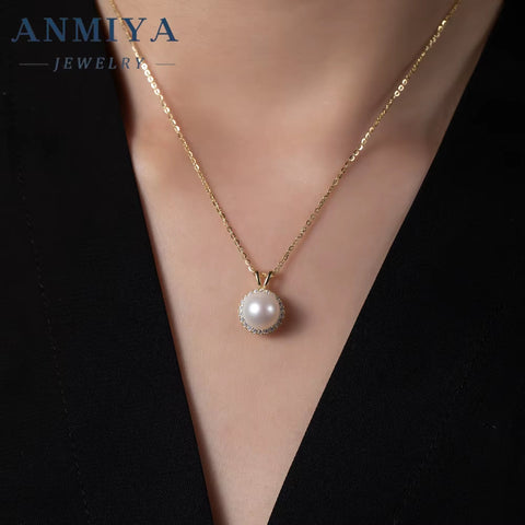 ANMIYA Elegant Fancy Classical 925 Sterling Silver Zircon Single round Pearl Pendant Necklace for Women Girls Jewelry