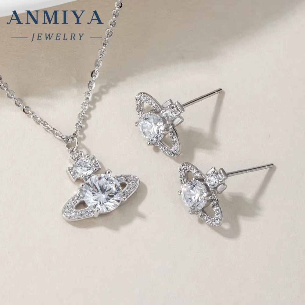 ANIMIYA 3D Saturn Inlay Zircon Lab Diamond Fine Fashion 925 Sterling Silver Necklace Earrings Set for Valentine'S Day
