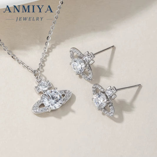 ANIMIYA 3D Saturn Inlay Zircon Lab Diamond Fine Fashion 925 Sterling Silver Necklace Earrings Set for Valentine'S Day