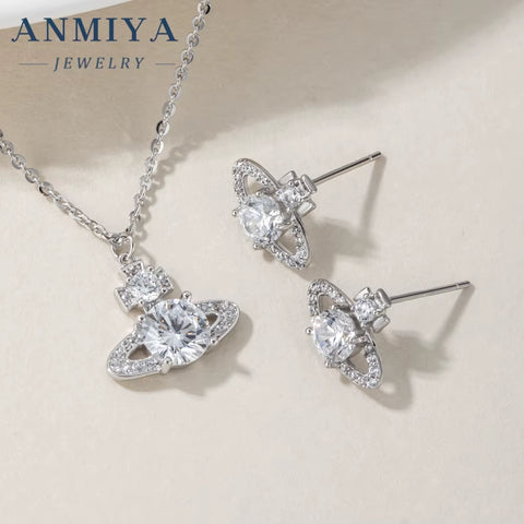 ANIMIYA 3D Saturn Inlay Zircon Lab Diamond Fine Fashion 925 Sterling Silver Necklace Earrings Set for Valentine'S Day