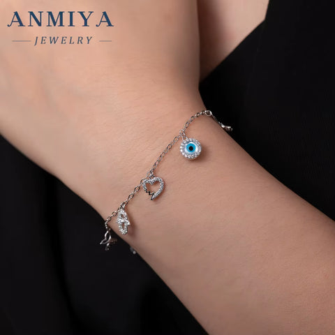 ANMIYA Fashion Jewelry Ladies Fine Jewelry Sterling 925 Silver Bracelet Evil Eyes Butterfly Bangles
