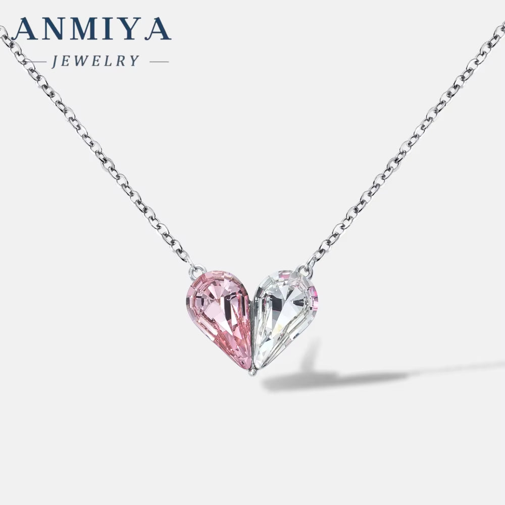 ANMIYA Fashion Crystal Heart Pendant Necklace 925 Silver Love Heart Pendant Necklace for Mom Women