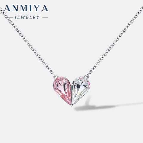 ANMIYA Fashion Crystal Heart Pendant Necklace 925 Silver Love Heart Pendant Necklace for Mom Women