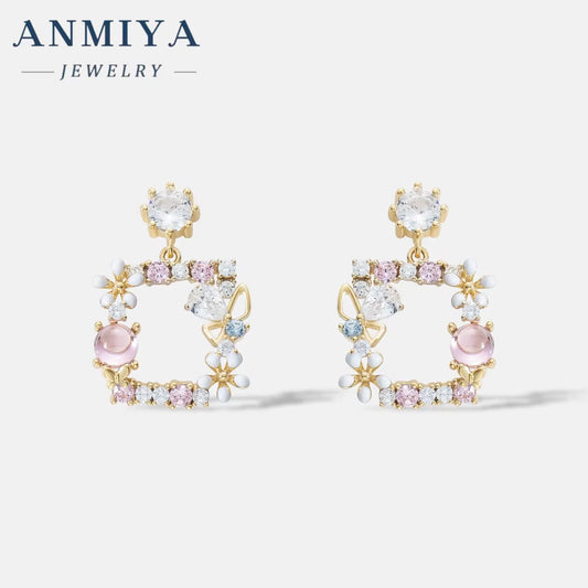 ANMIYA Fashion Earings Pink Flower Korean Butterfly Colour Fashion Sweet Flower 925 Silver Stud Earring for Women Jewelry Women