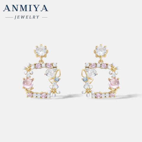 ANMIYA Fashion Earings Pink Flower Korean Butterfly Colour Fashion Sweet Flower 925 Silver Stud Earring for Women Jewelry Women