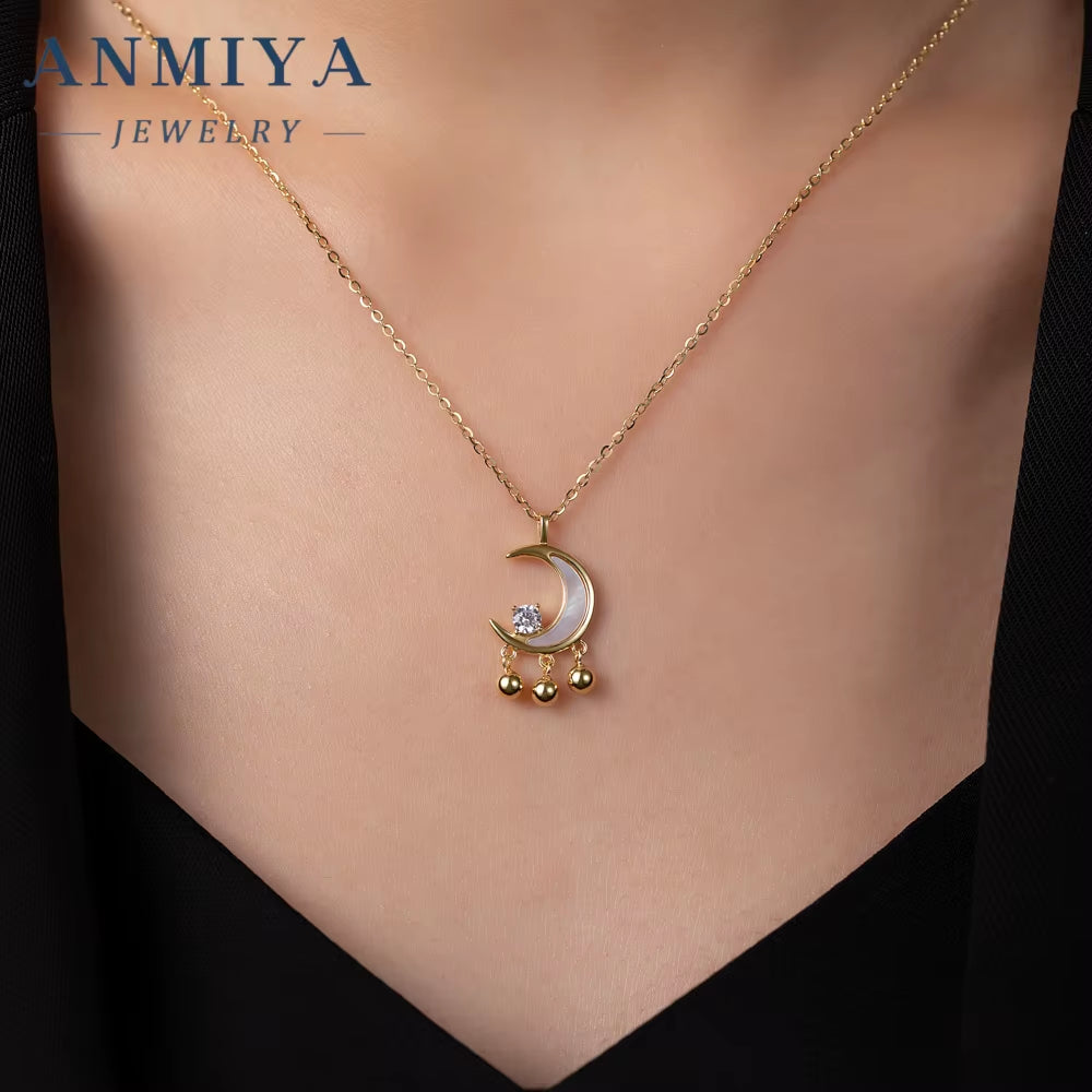 ANMIYA Light Luxury Clavicle Chain Party Jewelry for Women Star Moon Zircon Tassel Chain Necklace