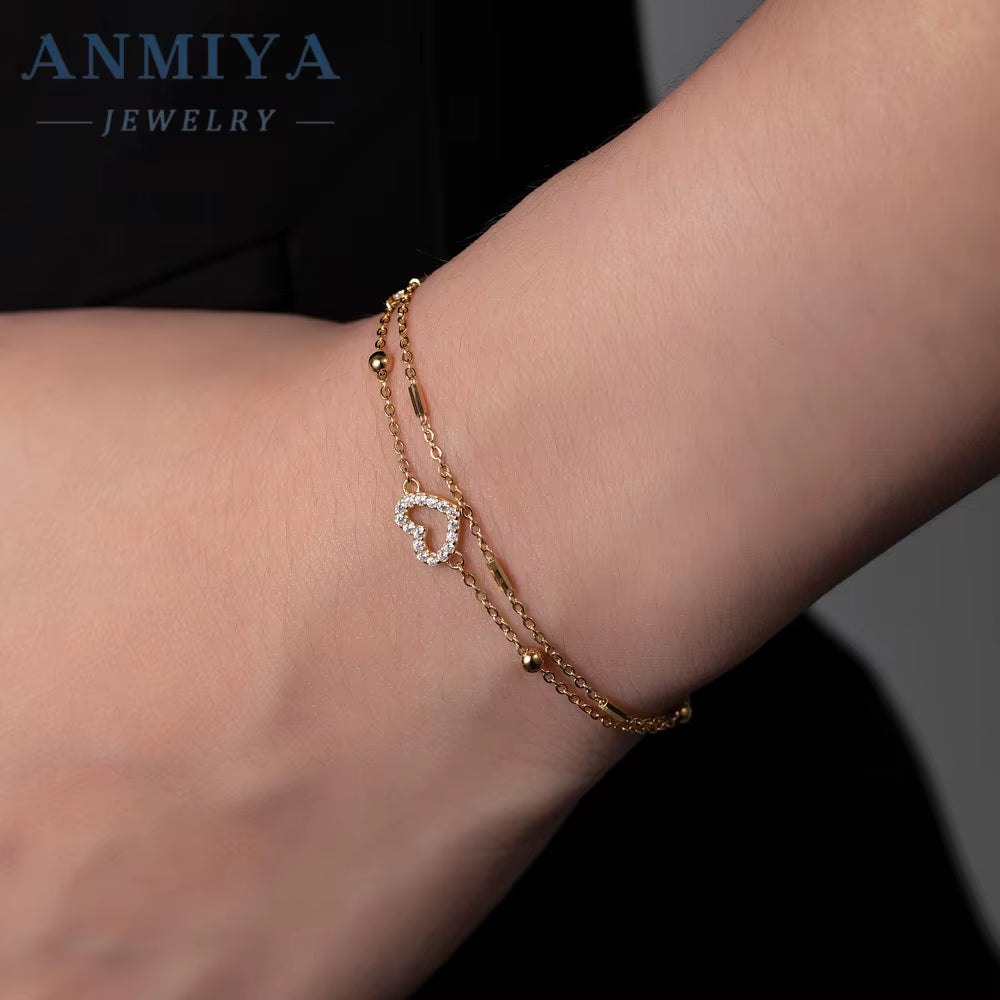 Adjustable 925 Sterling Silver Double Layer Heart Bracelet for Women Fine Jewelry with Sparkling Zircon Stone Gift