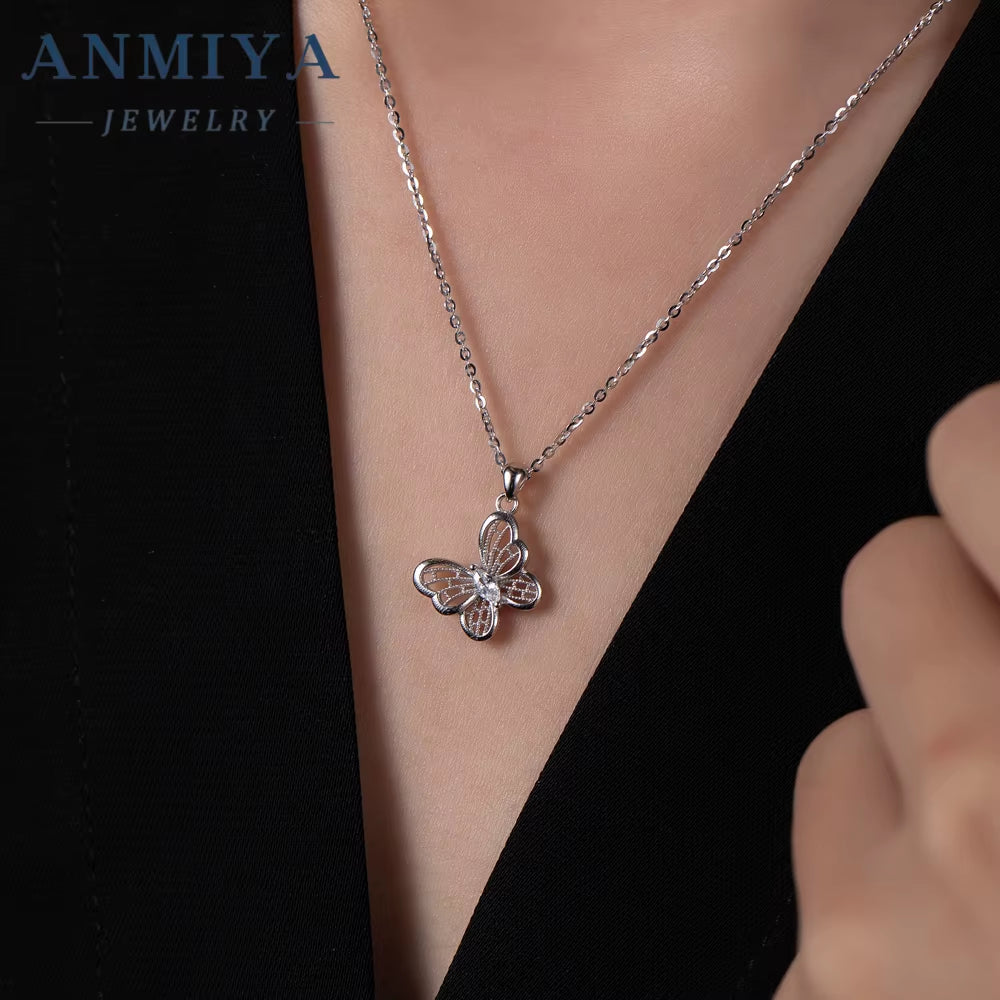 ANMIYA Elegant Hollow Out Zircon Butterfly Necklace 18K Gold 925 Silver Necklace for Women