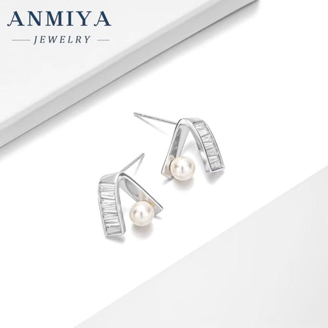 ANMIYA Unique Elegant Sterling Silver Trendy Pearl Earrings ZC Bridal Stud Earrings