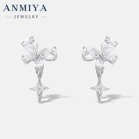 Super Shining Full Zircon Butterfly Stud Earrings for Sweet Girls 925 Silver Plated Rhinestone Women Dangling Star Stud Earrings