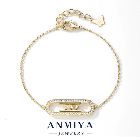 ANMIYA 925 Sterling Silver Bracelet Elegant Sliding Oval Design Sparkling Zircon Stones Perfect Necklace for Women