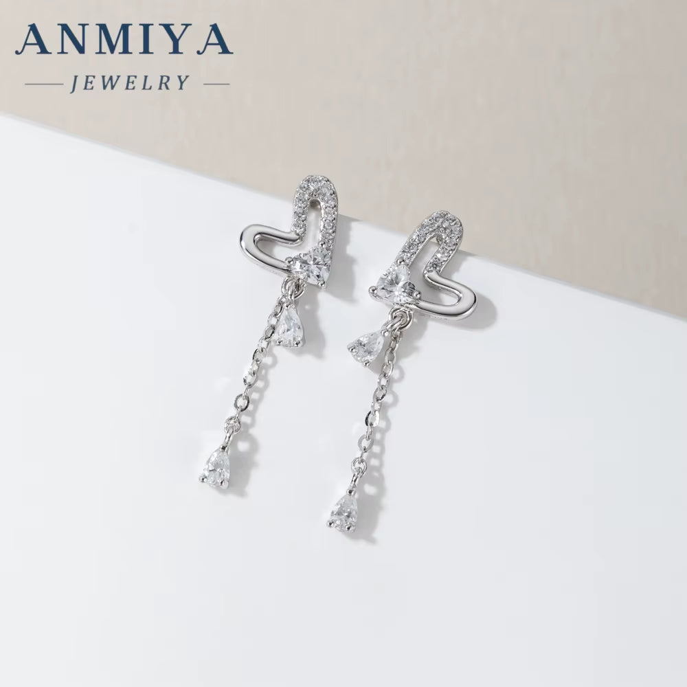 Popular 925 Silver Heart Long Tassel Zircon Rhinestone Earrings Stud Dangle Wedding Women Jewelry Earrings