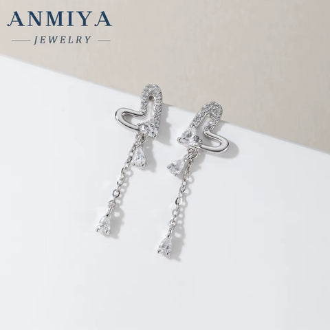 Popular 925 Silver Heart Long Tassel Zircon Rhinestone Earrings Stud Dangle Wedding Women Jewelry Earrings