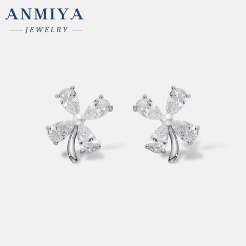 ANMIYA Four Clover Flower Fine Jewelry Fashion 925 Sterling Silver Zircon Stud Earrings for Women Girl