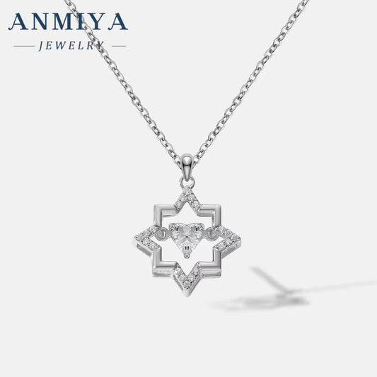 ANMIYA 925 Silver 18K Gold Plated Trendy Hollow Star with Zircon Heart Necklace Valentine'S Day Gift