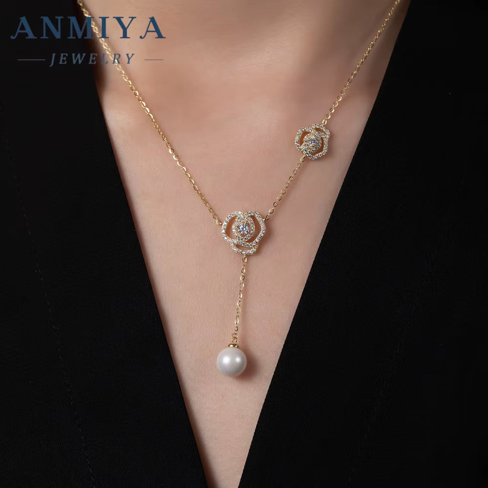 ANMIYA 18K Gold Plated Minimalist New Design Rose Flower Pendant Charm 925 Silver Cute Zircon Pearl Necklace Wedding Gift