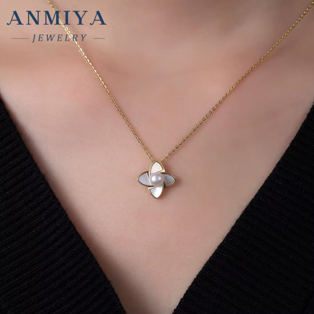 ANMIYA Accessory Jewelry Sterling 925 Inoxidable Flower Shape Freshwater Pearl Fashionable Necklace and Earrings Set