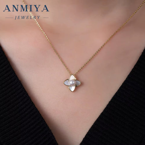 ANMIYA Accessory Jewelry Sterling 925 Inoxidable Flower Shape Freshwater Pearl Fashionable Necklace and Earrings Set