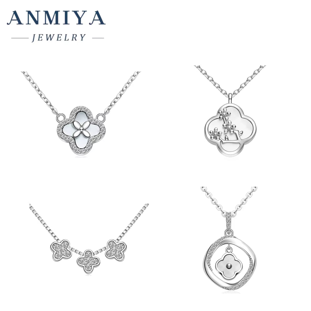 ANMIYA 925 Sterling Silver Fashion Zircon Plum Blossom Four Leaf Clover Silver Necklace for Bestfriend Jewelry Best Gift