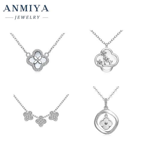 ANMIYA 925 Sterling Silver Fashion Zircon Plum Blossom Four Leaf Clover Silver Necklace for Bestfriend Jewelry Best Gift